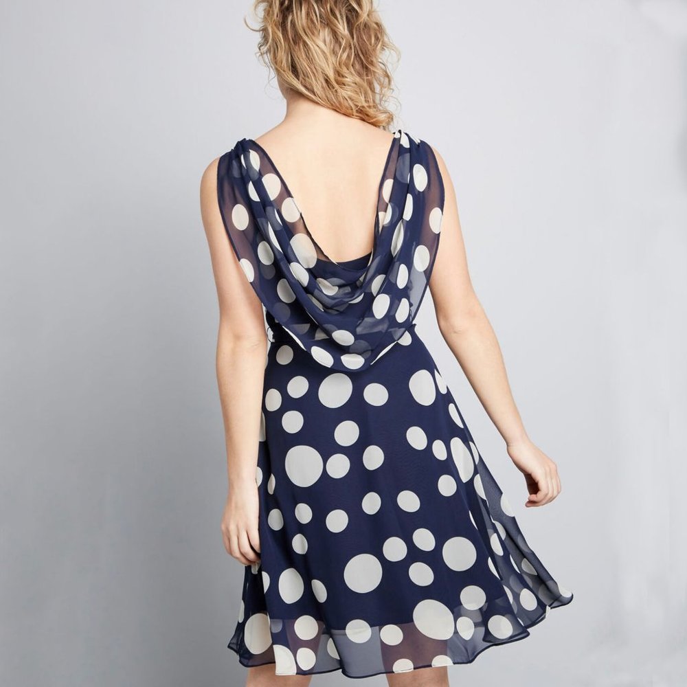 COWL NECK/ LOW BACK POLKA DOTS CHIFFON DRESS